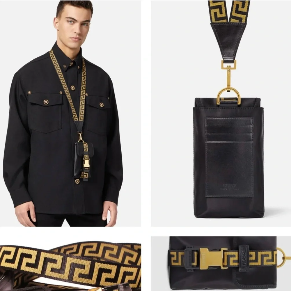 VERSACE LANYARD PHONE CASE WITH MINI SHOULDER/ NECK LOGO GRECA PATTERN STRAP